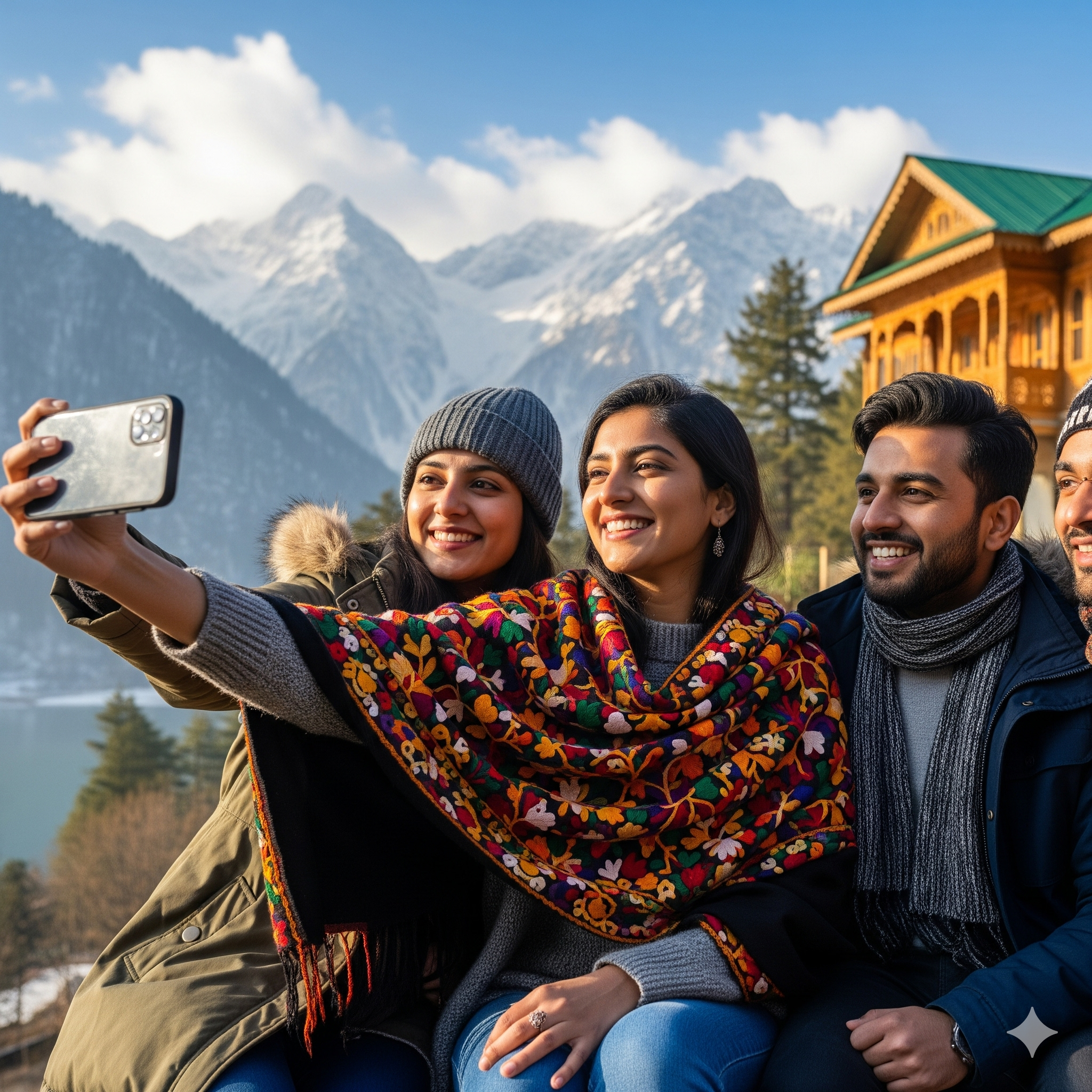 A joyful group selfie of Anjali and her friends, celebrating their amazing trip to Kashmir with a stunning mountain view.